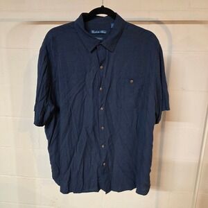 Vintage Batik Bay Mens Short Sleeve Button Down Shirt Navy Blue Micro Pattern XL